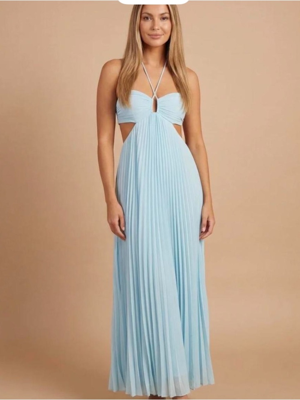 Ralph Lauren Pale Blue Pleated Halter Maxi Dress